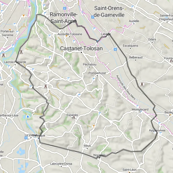 Map miniature of "Countryside Delights: Noueilles to Ayguesvives" cycling inspiration in Midi-Pyrénées, France. Generated by Tarmacs.app cycling route planner