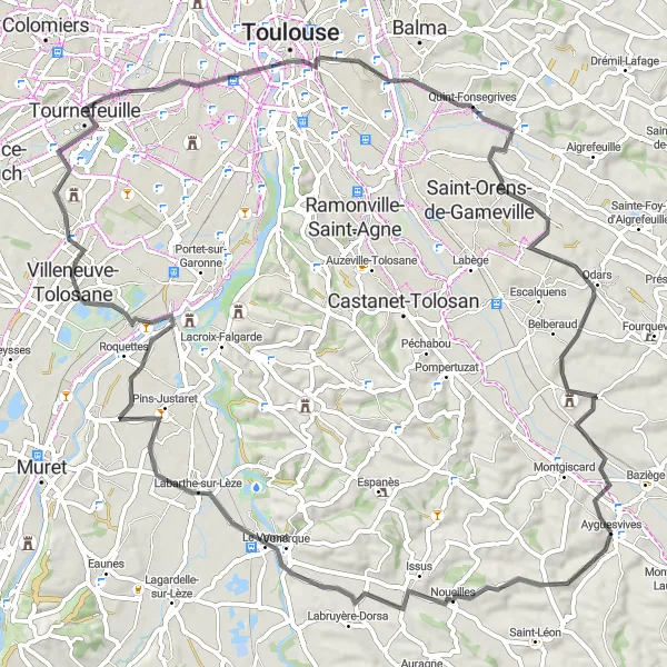 Map miniature of "Toulouse Loop: From Venerque to Ayguesvives" cycling inspiration in Midi-Pyrénées, France. Generated by Tarmacs.app cycling route planner