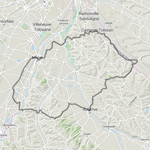 Zemljevid v pomanjšavi "Razgibana pot po podeželju" kolesarske inspiracije v Midi-Pyrénées, France. Generirano z načrtovalcem kolesarskih poti Tarmacs.app