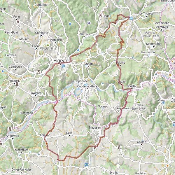 Kartminiatyr av "Grusvägar och vildmarksupplevelser" cykelinspiration i Midi-Pyrénées, France. Genererad av Tarmacs.app cykelruttplanerare