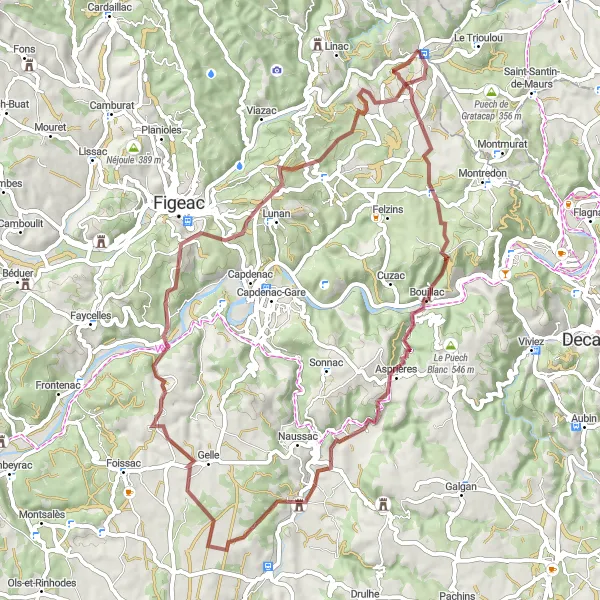 Zemljevid v pomanjšavi "Kolesarska pot Château de Bouillac" kolesarske inspiracije v Midi-Pyrénées, France. Generirano z načrtovalcem kolesarskih poti Tarmacs.app