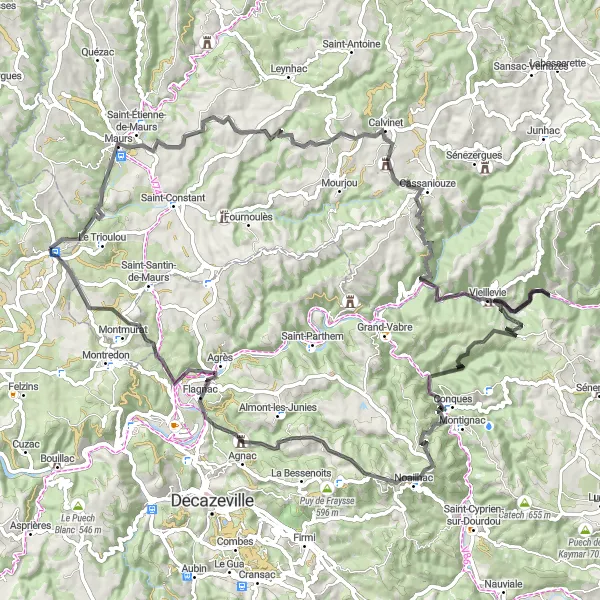 Zemljevid v pomanjšavi "Kolesarska tura okoli Bagnac-sur-Célé (Cestna pot)" kolesarske inspiracije v Midi-Pyrénées, France. Generirano z načrtovalcem kolesarskih poti Tarmacs.app