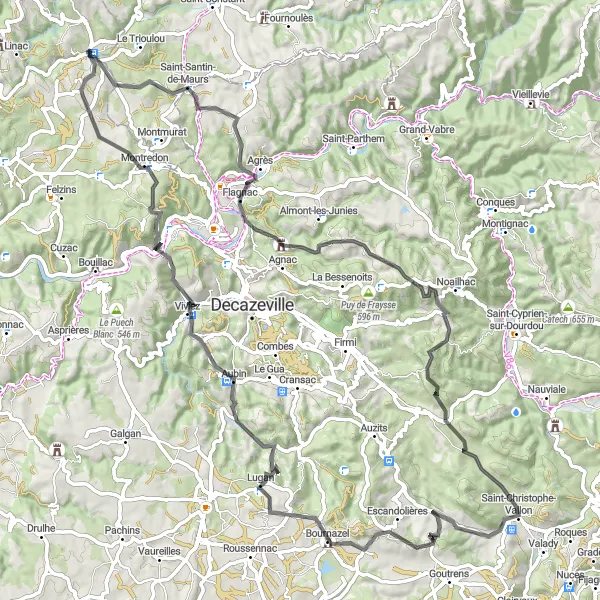 Kartminiatyr av "Château de Pagax til Viviez Utforsking på Landeveien" sykkelinspirasjon i Midi-Pyrénées, France. Generert av Tarmacs.app sykkelrutoplanlegger