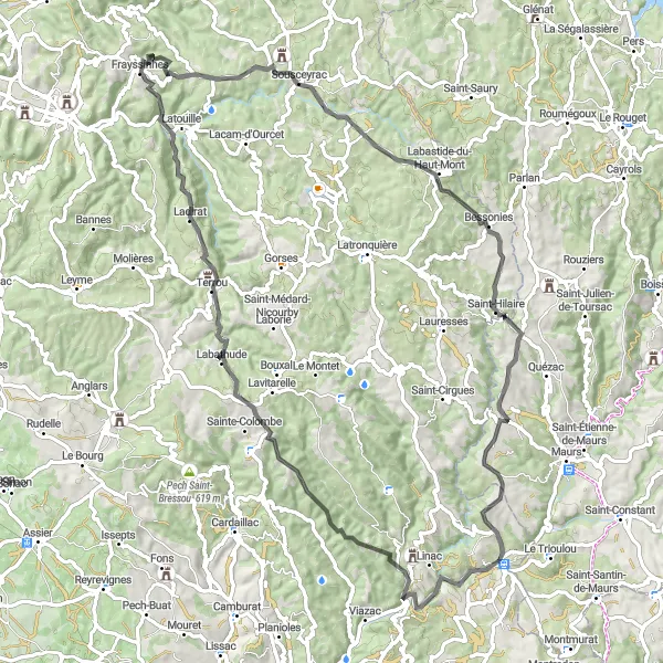 Zemljevid v pomanjšavi "Okoliška narava in zgodovinski kraji" kolesarske inspiracije v Midi-Pyrénées, France. Generirano z načrtovalcem kolesarskih poti Tarmacs.app