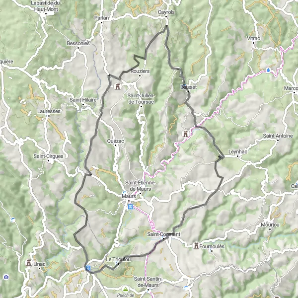 Zemljevid v pomanjšavi "Kulturna kolesarska pot okoli Bagnac-sur-Célé (Cestna pot)" kolesarske inspiracije v Midi-Pyrénées, France. Generirano z načrtovalcem kolesarskih poti Tarmacs.app