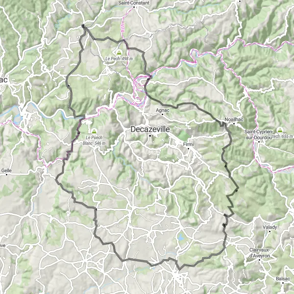 Karttaminiaatyyri "Historical Route to Rignac" pyöräilyinspiraatiosta alueella Midi-Pyrénées, France. Luotu Tarmacs.app pyöräilyreittisuunnittelijalla