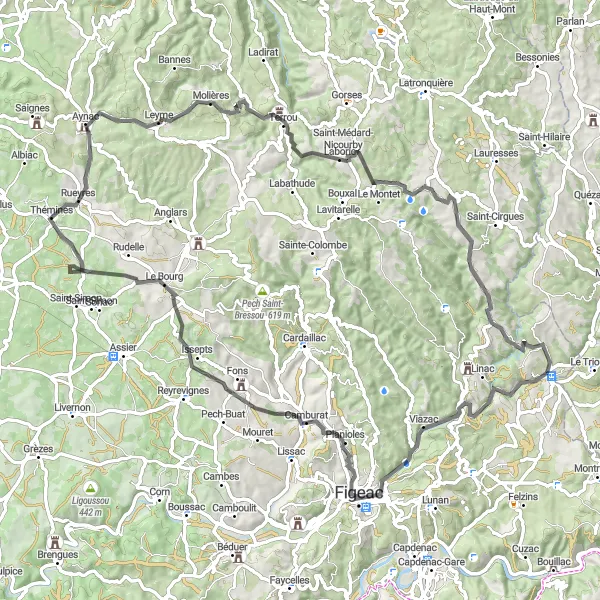 Kartminiatyr av "Historiska monument och pittoreska byar" cykelinspiration i Midi-Pyrénées, France. Genererad av Tarmacs.app cykelruttplanerare
