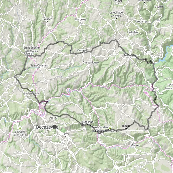 Mapa miniatúra "Challenging Road Route from Bagnac-sur-Célé" cyklistická inšpirácia v Midi-Pyrénées, France. Vygenerované cyklistickým plánovačom trás Tarmacs.app