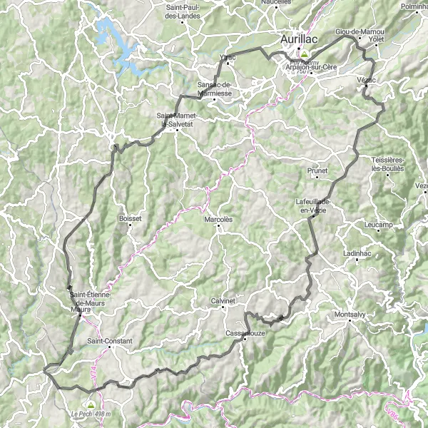 Miniatuurkaart van de fietsinspiratie "Rondrit vanuit Bagnac-sur-Célé naar Maurs en Saint-Santin-de-Maurs" in Midi-Pyrénées, France. Gemaakt door de Tarmacs.app fietsrouteplanner