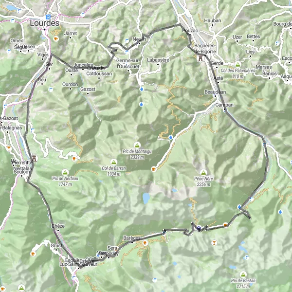 Miniatuurkaart van de fietsinspiratie "Bagnères-de-Bigorre naar Esquièze-Sère" in Midi-Pyrénées, France. Gemaakt door de Tarmacs.app fietsrouteplanner