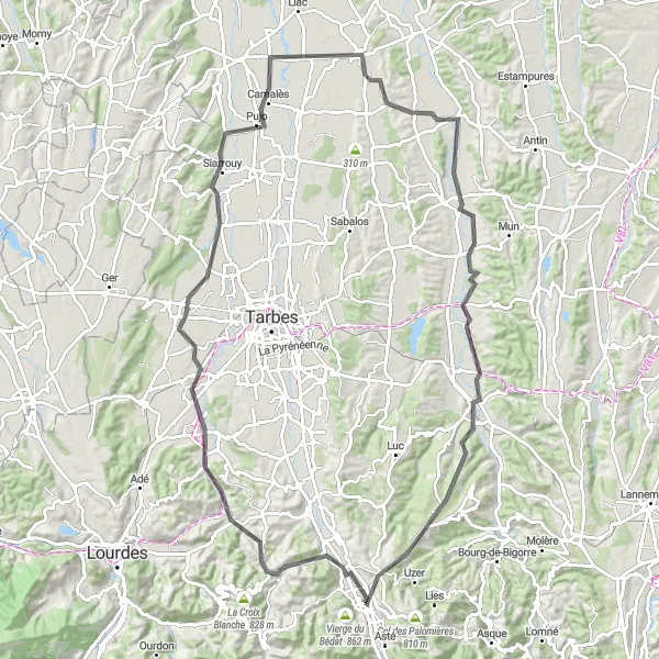 Zemljevid v pomanjšavi "Pustolovščina med hribi okoli Bagnères-de-Bigorre" kolesarske inspiracije v Midi-Pyrénées, France. Generirano z načrtovalcem kolesarskih poti Tarmacs.app