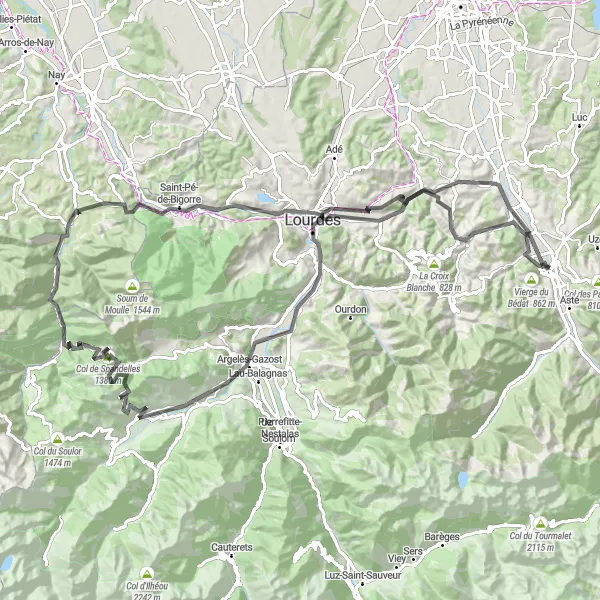 Karttaminiaatyyri "Haasteita Alpeilla" pyöräilyinspiraatiosta alueella Midi-Pyrénées, France. Luotu Tarmacs.app pyöräilyreittisuunnittelijalla
