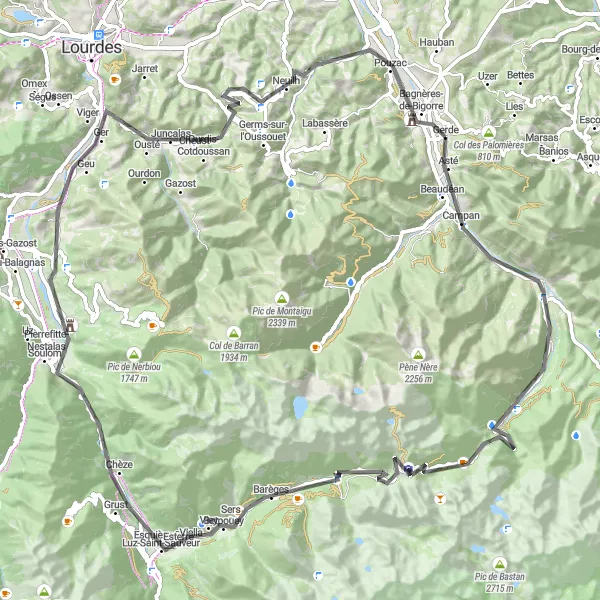 Miniatua del mapa de inspiración ciclista "Aventura alrededor de Bagnères-de-Bigorre" en Midi-Pyrénées, France. Generado por Tarmacs.app planificador de rutas ciclistas