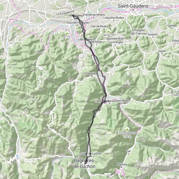 Miniatua del mapa de inspiración ciclista "Recorrido a Montréjeau y Cierp-Gaud" en Midi-Pyrénées, France. Generado por Tarmacs.app planificador de rutas ciclistas