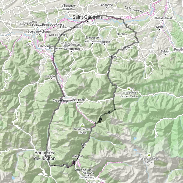 Map miniature of "Luchon and the Legendary Climbs" cycling inspiration in Midi-Pyrénées, France. Generated by Tarmacs.app cycling route planner