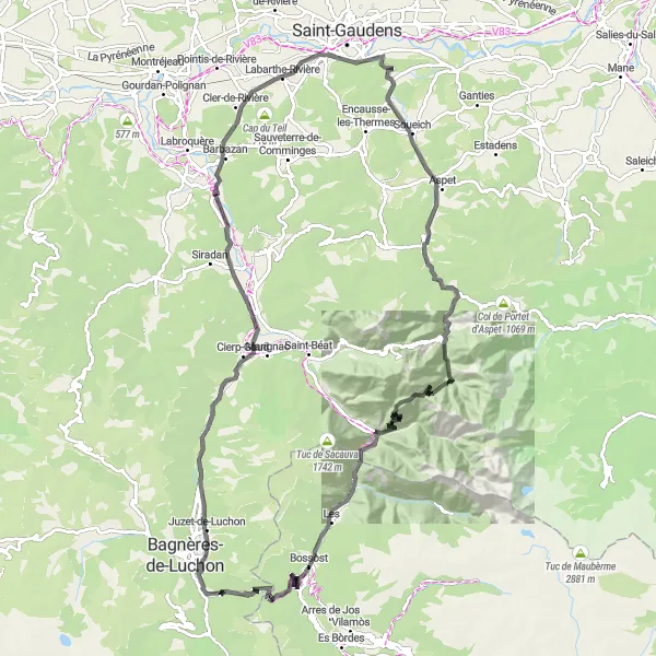 Miniatua del mapa de inspiración ciclista "Desafío en los Pirineos: Bagnères-de-Luchon" en Midi-Pyrénées, France. Generado por Tarmacs.app planificador de rutas ciclistas