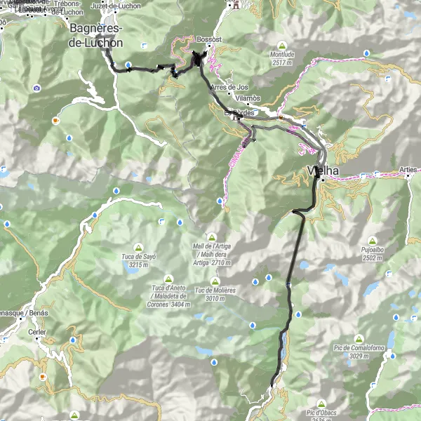 Mapa miniatúra "Výlet z Bagnères-de-Luchon po ceste" cyklistická inšpirácia v Midi-Pyrénées, France. Vygenerované cyklistickým plánovačom trás Tarmacs.app