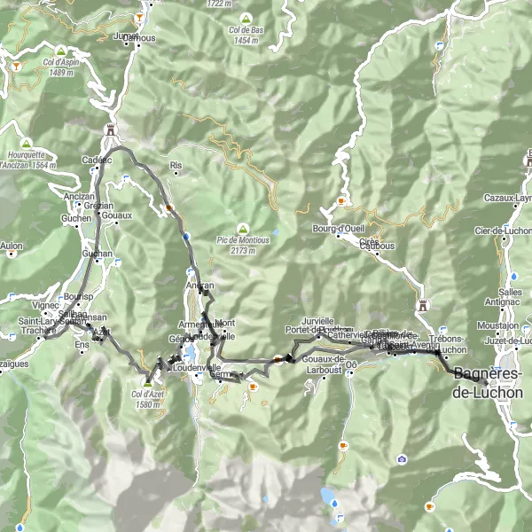 Mapa miniatúra "Výlet do Pyrenejí" cyklistická inšpirácia v Midi-Pyrénées, France. Vygenerované cyklistickým plánovačom trás Tarmacs.app