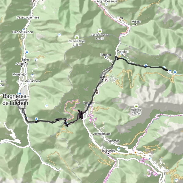 Miniatua del mapa de inspiración ciclista "Viaje a Bossòst y Sant Joan de Toran" en Midi-Pyrénées, France. Generado por Tarmacs.app planificador de rutas ciclistas