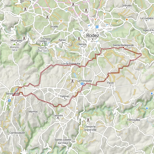 Miniatuurkaart van de fietsinspiratie "Gravel Avontuur door Landelijk Aveyron" in Midi-Pyrénées, France. Gemaakt door de Tarmacs.app fietsrouteplanner