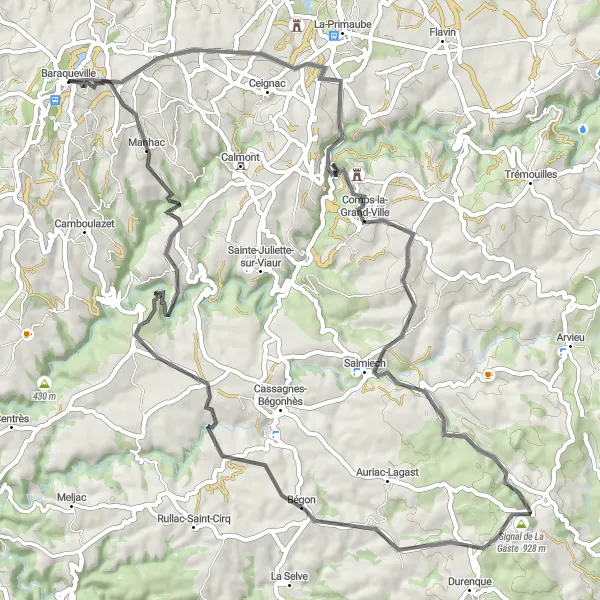 Map miniature of "Baraqueville to Manhac" cycling inspiration in Midi-Pyrénées, France. Generated by Tarmacs.app cycling route planner