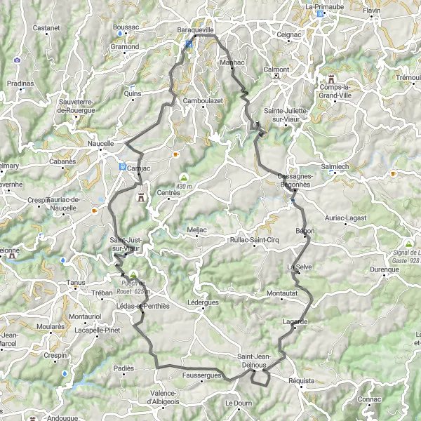 Map miniature of "Explore Aveyron's Gems" cycling inspiration in Midi-Pyrénées, France. Generated by Tarmacs.app cycling route planner