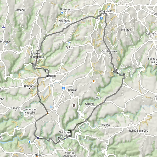 Miniature de la carte de l'inspiration cycliste "Parcours pittoresque vers Sauveterre-de-Rouergue" dans la Midi-Pyrénées, France. Générée par le planificateur d'itinéraire cycliste Tarmacs.app