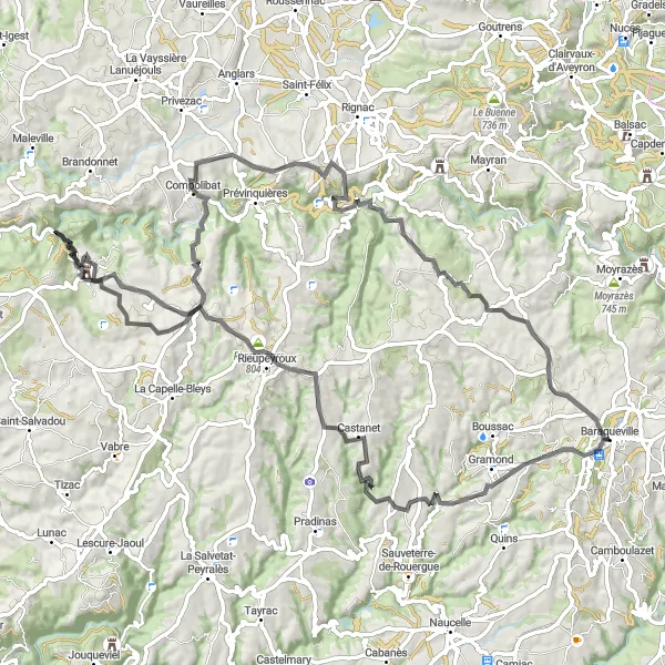Miniature de la carte de l'inspiration cycliste "Circuit autour de Baraqueville" dans la Midi-Pyrénées, France. Générée par le planificateur d'itinéraire cycliste Tarmacs.app