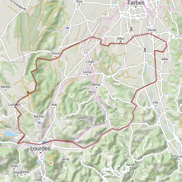 Miniatuurkaart van de fietsinspiratie "Laloubère Gravelroute" in Midi-Pyrénées, France. Gemaakt door de Tarmacs.app fietsrouteplanner