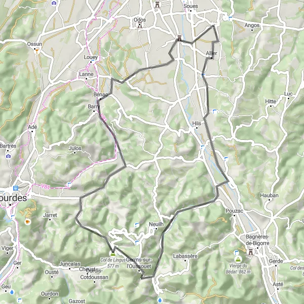Miniature de la carte de l'inspiration cycliste "La Route des Sommets" dans la Midi-Pyrénées, France. Générée par le planificateur d'itinéraire cycliste Tarmacs.app