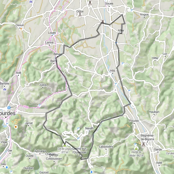 Map miniature of "Countryside Escape" cycling inspiration in Midi-Pyrénées, France. Generated by Tarmacs.app cycling route planner