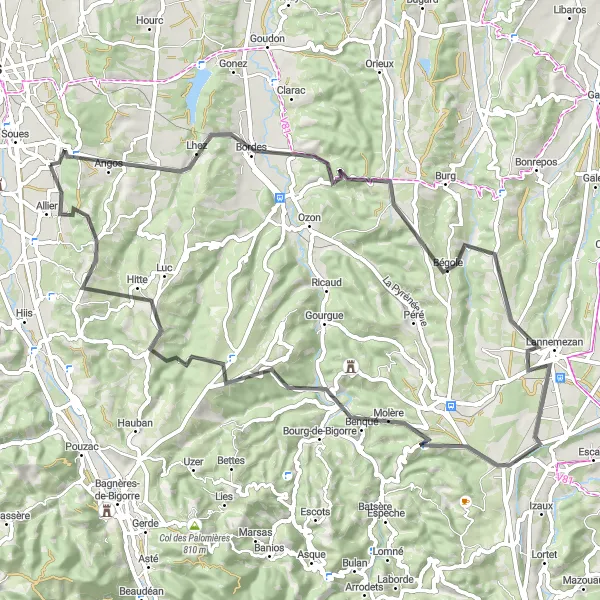Zemljevid v pomanjšavi "Barbazan-Debat - Bordes - Bégole - Benqué" kolesarske inspiracije v Midi-Pyrénées, France. Generirano z načrtovalcem kolesarskih poti Tarmacs.app