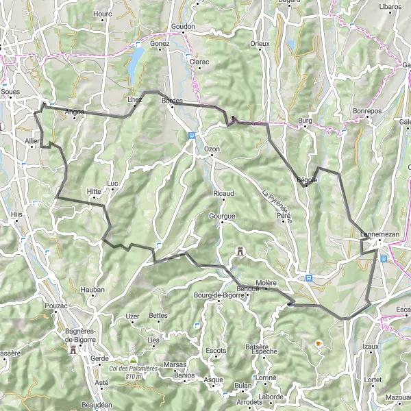 Map miniature of "To Benqué and Back" cycling inspiration in Midi-Pyrénées, France. Generated by Tarmacs.app cycling route planner