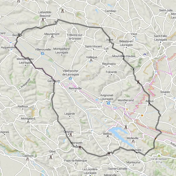 Kartminiatyr av "Sjarmerende landsbyer og vakre landskap rundt Baziège" sykkelinspirasjon i Midi-Pyrénées, France. Generert av Tarmacs.app sykkelrutoplanlegger