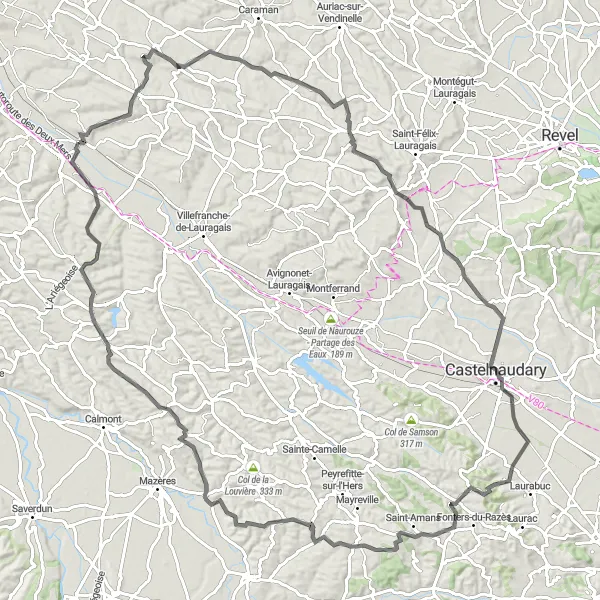 Miniaturní mapa "Náročná okružní cyklistická trasa kolem Baziège" inspirace pro cyklisty v oblasti Midi-Pyrénées, France. Vytvořeno pomocí plánovače tras Tarmacs.app