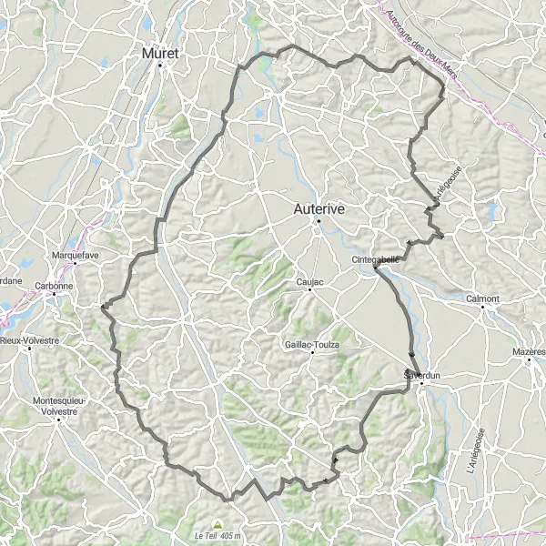 Miniatua del mapa de inspiración ciclista "Caussidières a través de Cintegabelle, Belvédère y Ayguesvives" en Midi-Pyrénées, France. Generado por Tarmacs.app planificador de rutas ciclistas
