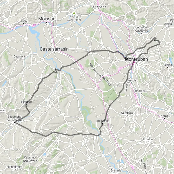 Miniaturní mapa "Cyklistická trasa okolo Garganvillar - La Ville-Dieu-du-Temple - Montauban - Bessens - Comberouger - Beaumont-de-Lomagne" inspirace pro cyklisty v oblasti Midi-Pyrénées, France. Vytvořeno pomocí plánovače tras Tarmacs.app