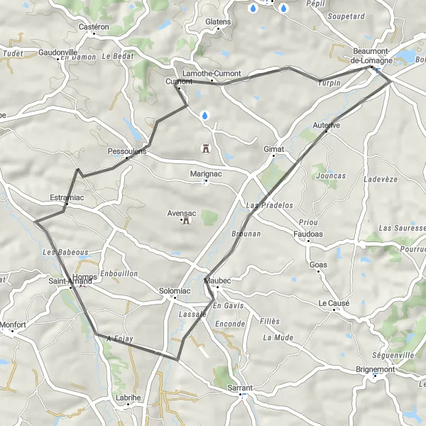 Miniatuurkaart van de fietsinspiratie "Korte rit naar Auterive en Cumont" in Midi-Pyrénées, France. Gemaakt door de Tarmacs.app fietsrouteplanner