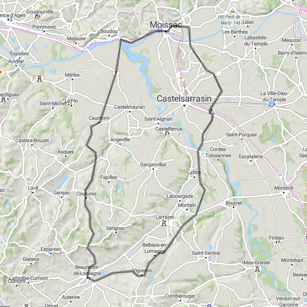 Karttaminiaatyyri "Kulttuurimatka Moissaciin" pyöräilyinspiraatiosta alueella Midi-Pyrénées, France. Luotu Tarmacs.app pyöräilyreittisuunnittelijalla