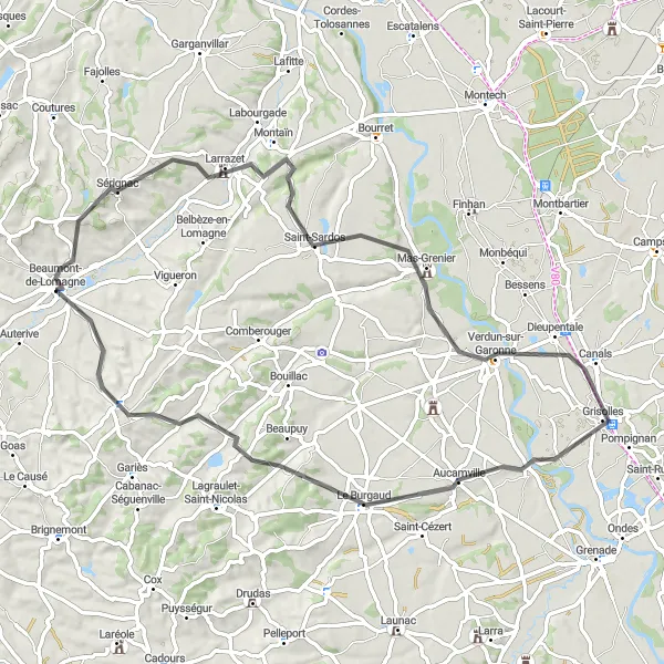 Zemljevid v pomanjšavi "Pitoreskna kolesarska pot okoli Beaumont-de-Lomagne" kolesarske inspiracije v Midi-Pyrénées, France. Generirano z načrtovalcem kolesarskih poti Tarmacs.app