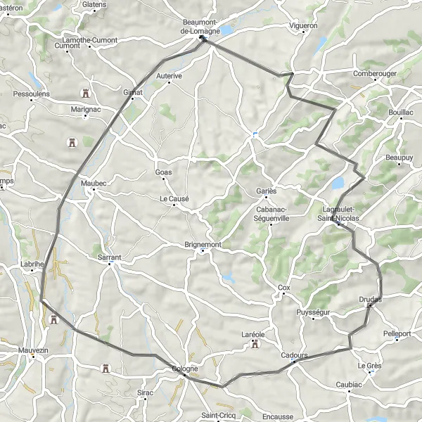 Karten-Miniaturansicht der Radinspiration "Kurze Rundtour durch Drudas und Cadours" in Midi-Pyrénées, France. Erstellt vom Tarmacs.app-Routenplaner für Radtouren