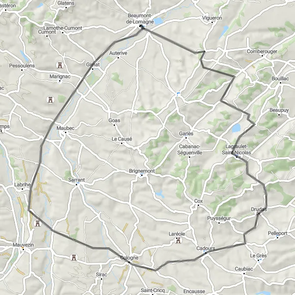 Karttaminiaatyyri "Luontoretki Cadoursiin" pyöräilyinspiraatiosta alueella Midi-Pyrénées, France. Luotu Tarmacs.app pyöräilyreittisuunnittelijalla