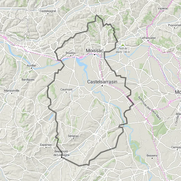 Karten-Miniaturansicht der Radinspiration "Herausfordernde Strecke nach Merles und Saint-Porquier" in Midi-Pyrénées, France. Erstellt vom Tarmacs.app-Routenplaner für Radtouren