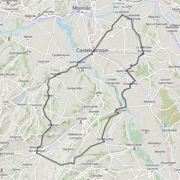 Mapa miniatúra "Jazda na ceste okolo Beaumont-de-Lomagne" cyklistická inšpirácia v Midi-Pyrénées, France. Vygenerované cyklistickým plánovačom trás Tarmacs.app