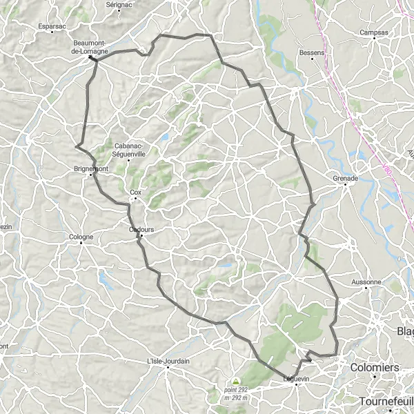 Mapa miniatúra "Kulatá trasa od Beaumont-de-Lomagne" cyklistická inšpirácia v Midi-Pyrénées, France. Vygenerované cyklistickým plánovačom trás Tarmacs.app