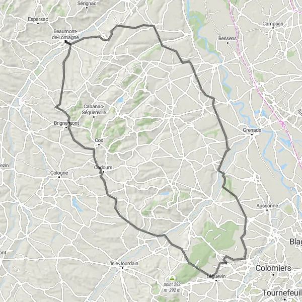 Map miniature of "Hills and Villages Adventure" cycling inspiration in Midi-Pyrénées, France. Generated by Tarmacs.app cycling route planner