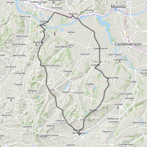 Miniaturní mapa "Cyklistická trasa kolem Beaumont-de-Lomagne" inspirace pro cyklisty v oblasti Midi-Pyrénées, France. Vytvořeno pomocí plánovače tras Tarmacs.app