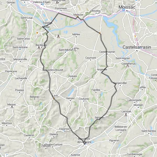 Karttaminiaatyyri "Rantatie kauniin Beaumont-de-Lomagnen ympäri" pyöräilyinspiraatiosta alueella Midi-Pyrénées, France. Luotu Tarmacs.app pyöräilyreittisuunnittelijalla