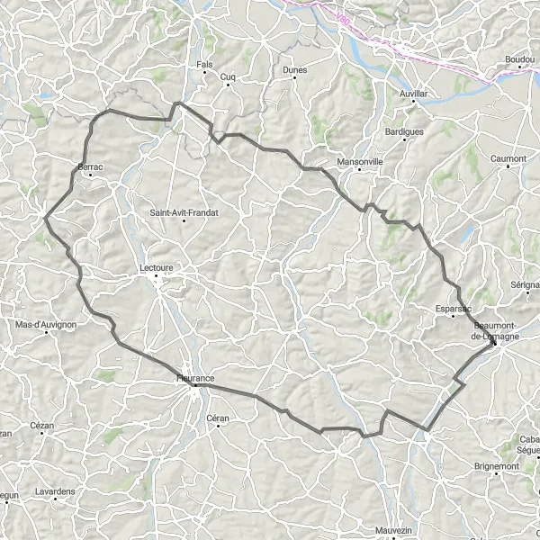 Miniatua del mapa de inspiración ciclista "Ruta de 119 km desde Beaumont-de-Lomagne" en Midi-Pyrénées, France. Generado por Tarmacs.app planificador de rutas ciclistas