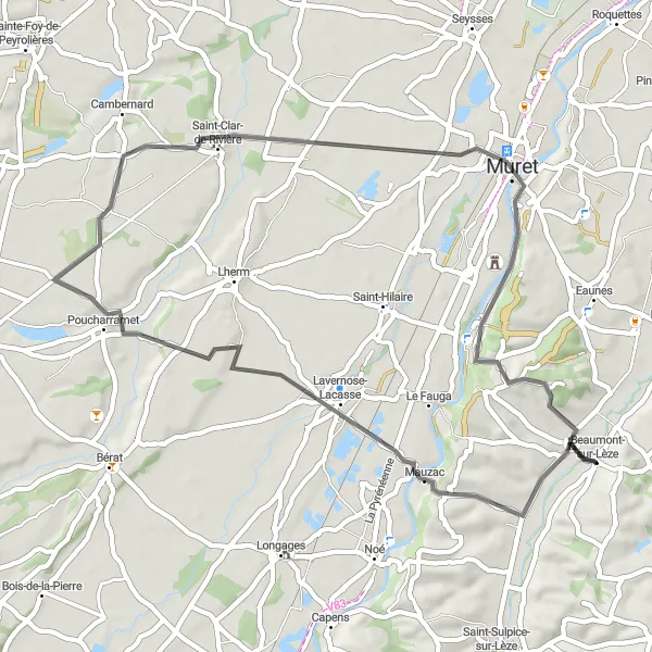 Mapa miniatúra "Cyklotrasa cez Poucharramet a Muret" cyklistická inšpirácia v Midi-Pyrénées, France. Vygenerované cyklistickým plánovačom trás Tarmacs.app